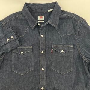 Levi's Denim Chambray Pearl Snap Shirt Womens M Dark Wash Western Cowgirl Boho